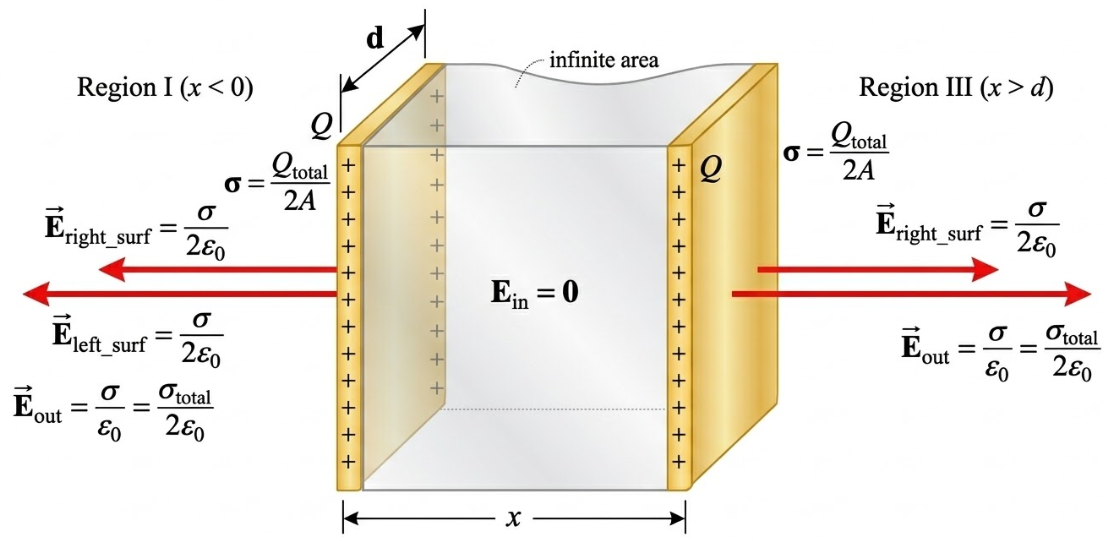 無限大厚導體平板電場示意圖
